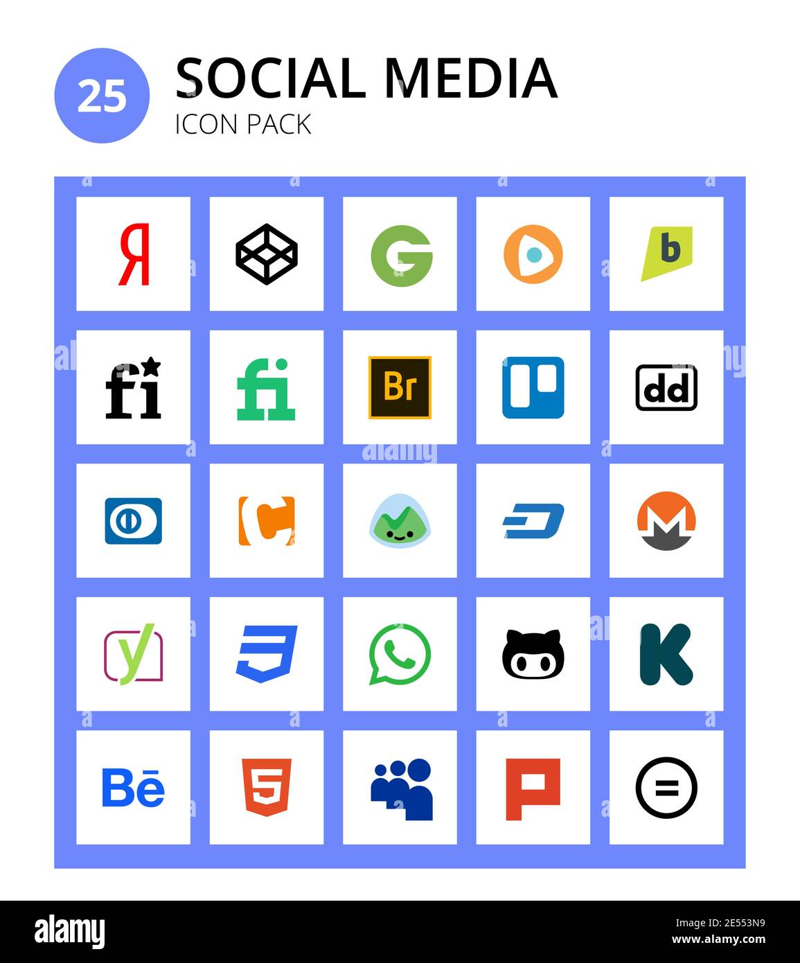 Social Media 25 icons monero, basecamp, adobe, contao, club Editable Vector Design Elements Stock Vector