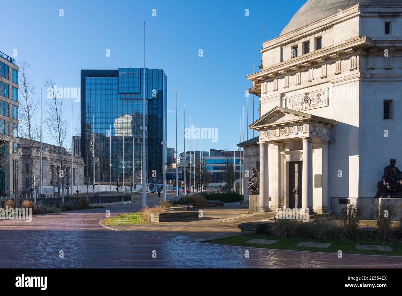 The Hall of Memory in Centenary Square,Birmingham, UKwith the Hyatt hotel and Symphony Hall in the background Stock Photo