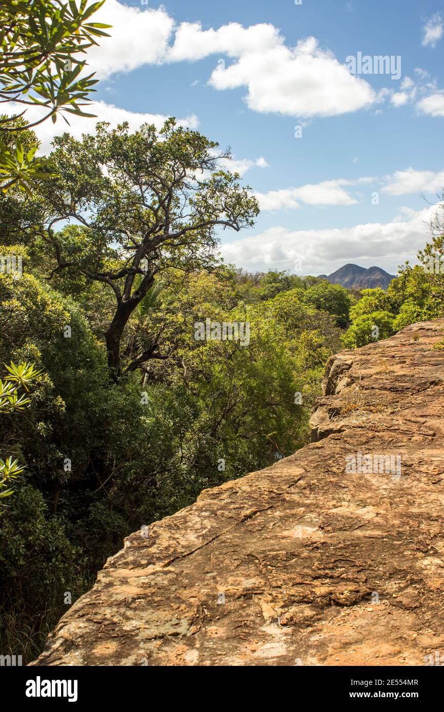 A trail along a rock outcrop with the dense riverine forest surrounding the Kadishi River visible just after the drop-off, Blydepoort, South Africa Stock Photo