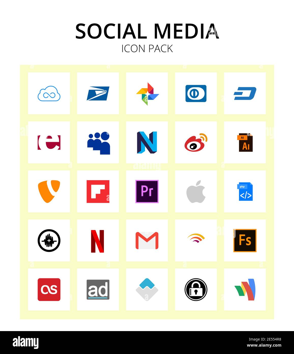 25 Social Signs and Symbols adobe, flipboard, myspace, typo, illustrator Editable Vector Design Elements Stock Vector