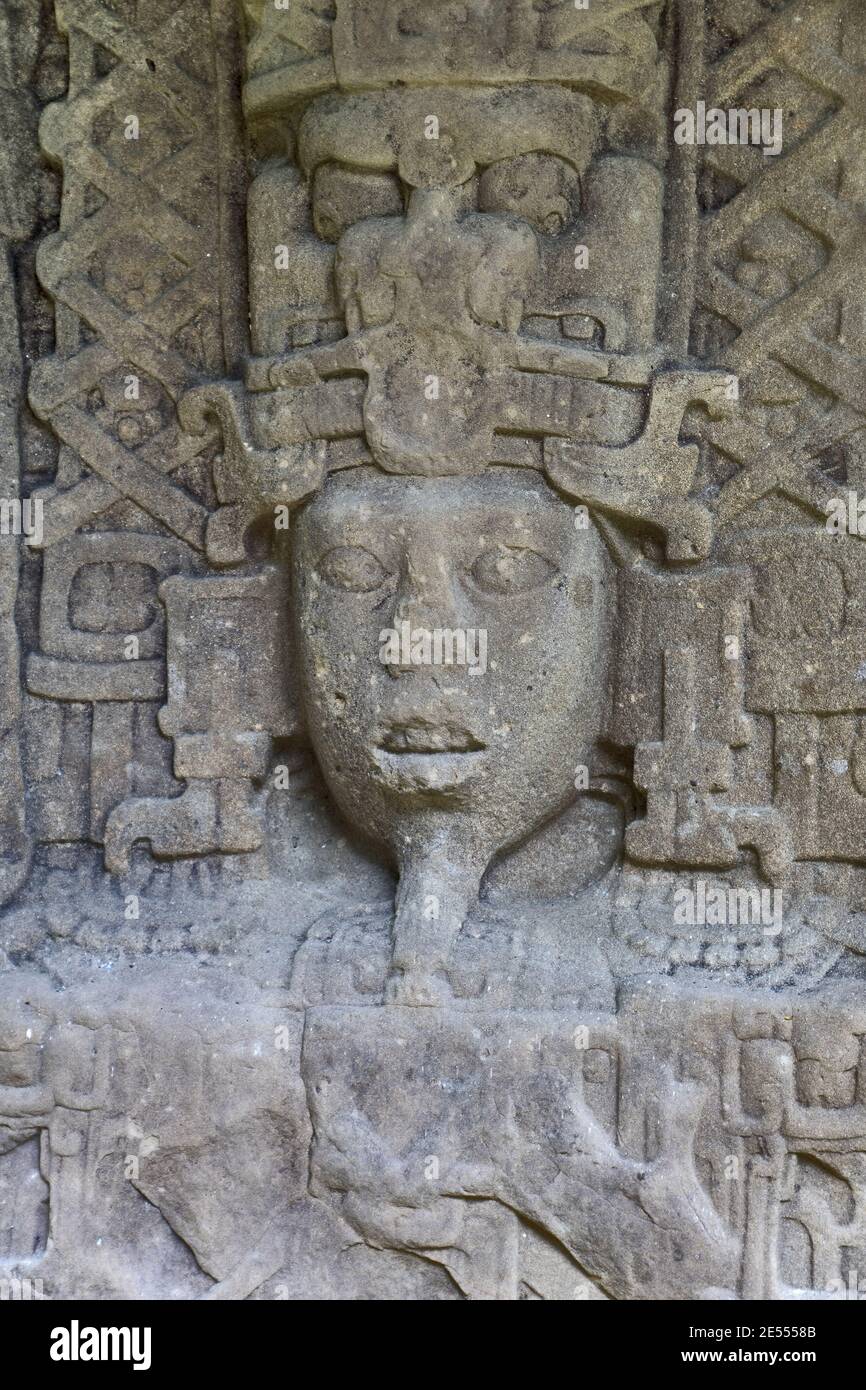 Quirigua, Guatemala: stela of maya ruler in Quirigua. Quirigua is an ancient Maya archaeological site in the department of Izabal. Stock Photo