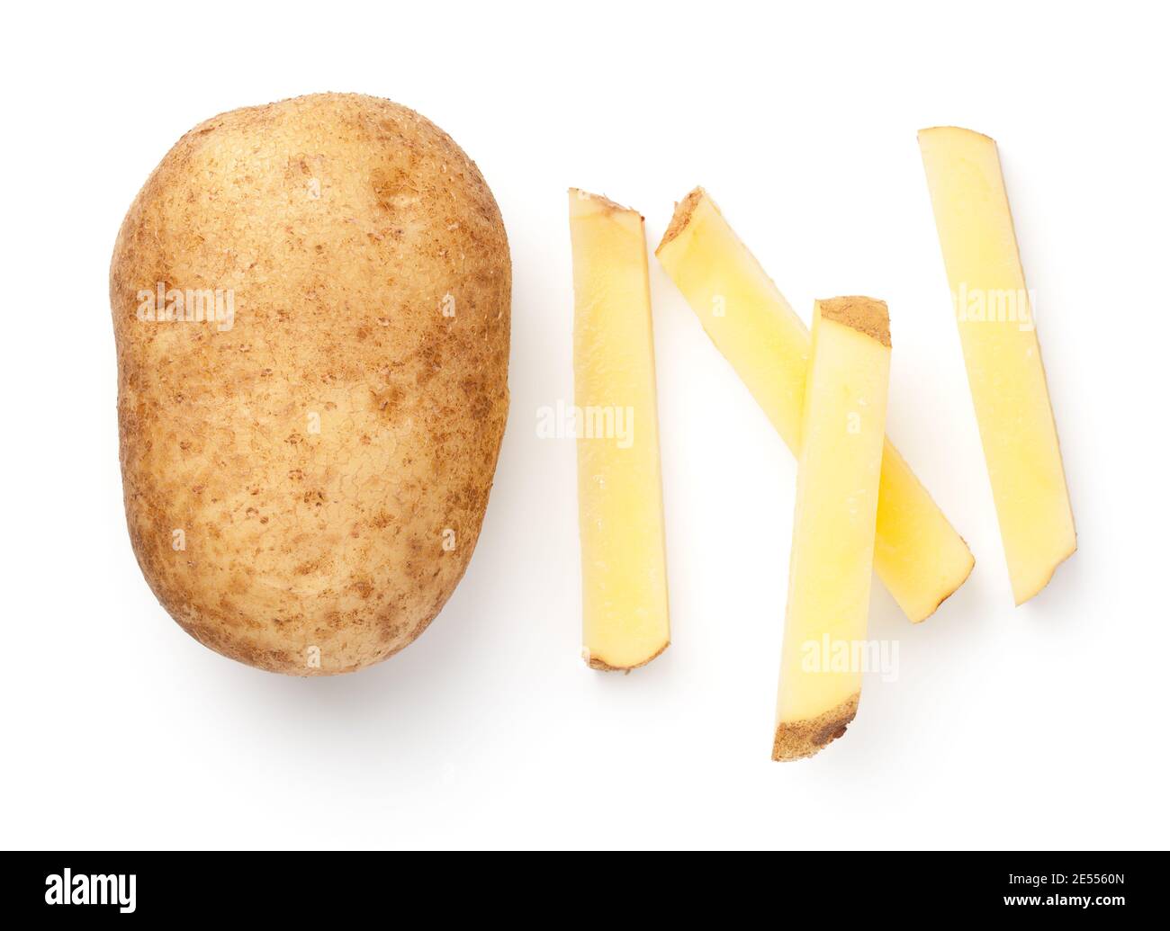 Fresh raw potato with french fries isolated on white background. View from above Stock Photo