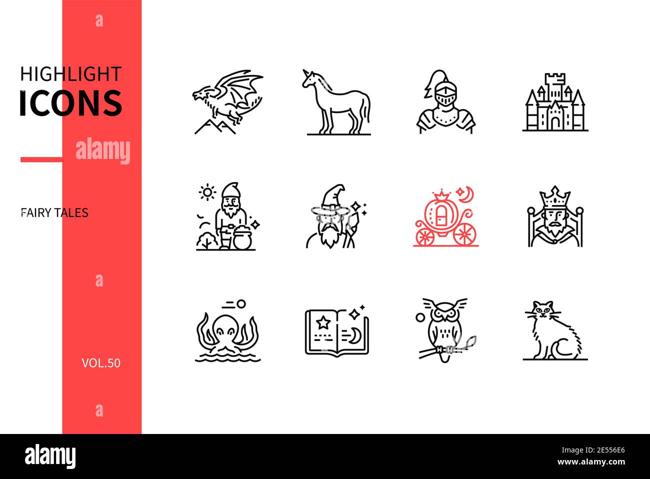 Fairy tales concept - line design style icons set. Fiction characters, fantasy and literature idea. Dragon, unicorn, knight, castle, dwarf, wizard, pu Stock Vector