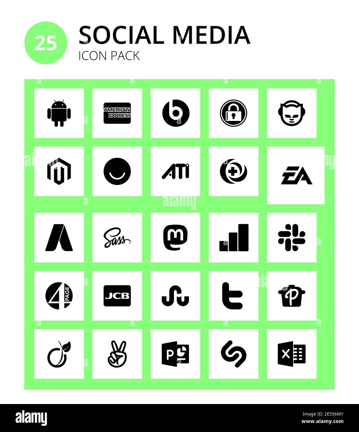 Set of 25 Social Logo jcb, slack, ati, analytics, sass Editable Vector Design Elements Stock Vector