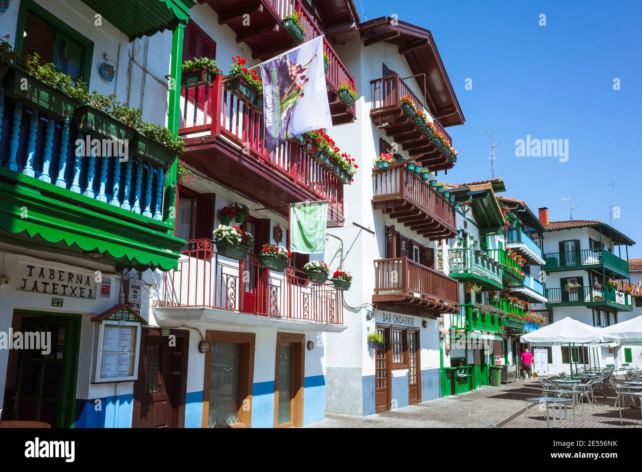 Hondarribia, Gipuzkoa, Basque Country, Spain - July 11th, 2019 : Colourful facades of traditional buildings in the  barrio de la Marina fishermen's qu Stock Photo