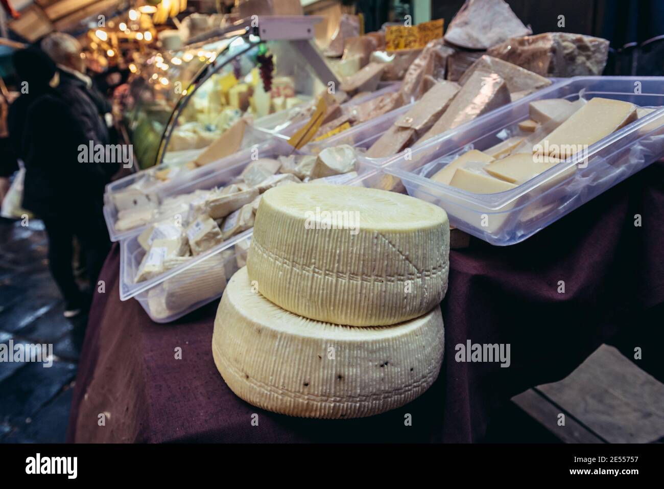 Varieties of cheese for sale on famous old fish market called La Pescheria in Catania city, east of Sicily Island, Italy Stock Photo