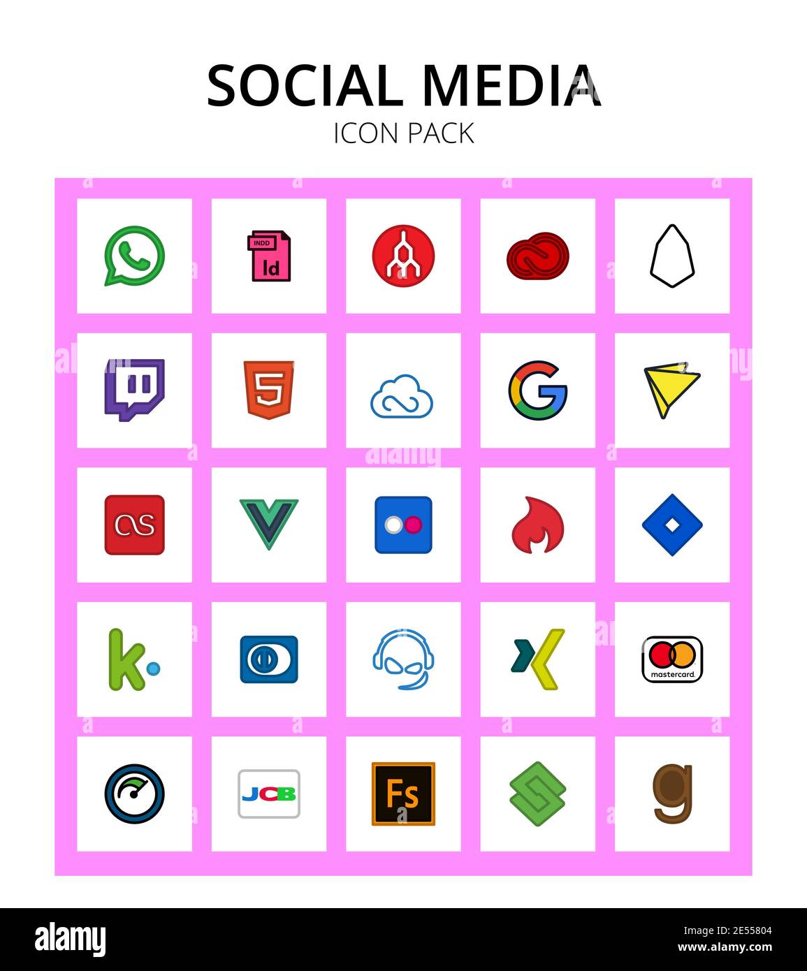 Set of 25 Social Logo jira, flickr, html, vuejs, lastfm Editable Vector Design Elements Stock Vector