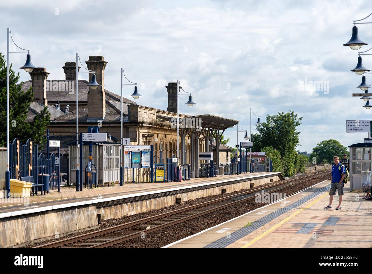 Mansfield train station platform empty lockdown no passengers people Robin Hood line station commute Nottingham waiting on platform essential travel Stock Photo