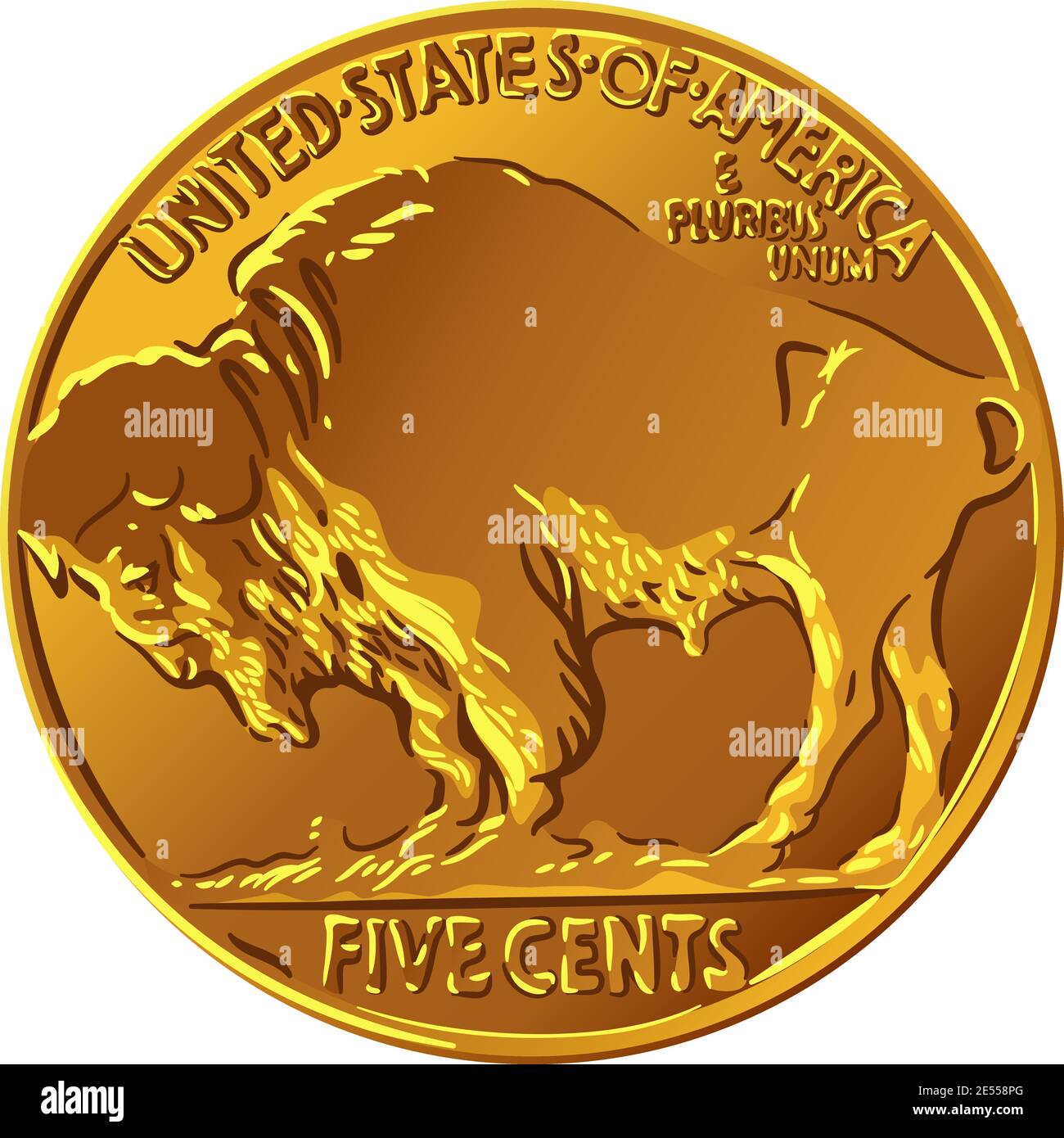 American copper-nickel money 5 Cent Coin, Reverse of Buffalo nickel with American Bison Stock Vector