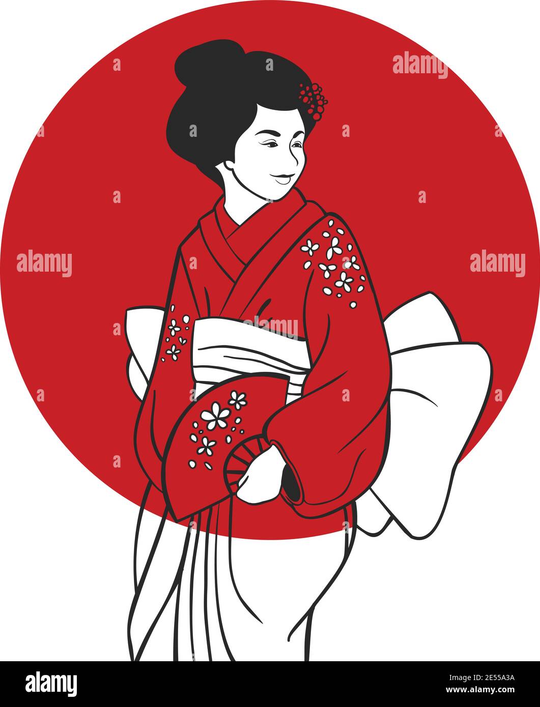 Japanese geisha in traditional clothing portrait with red sun circle on background vector illustration Stock Vector