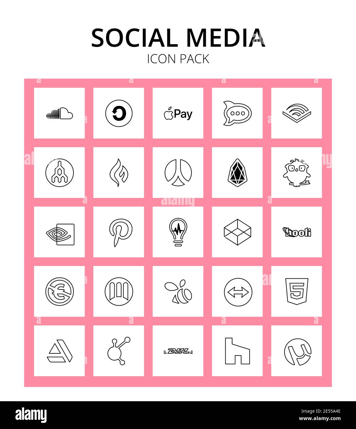 Pack of 25 Social Logo hooli, medapps, megaport, pinterest, earlybirds Editable Vector Design Elements Stock Vector