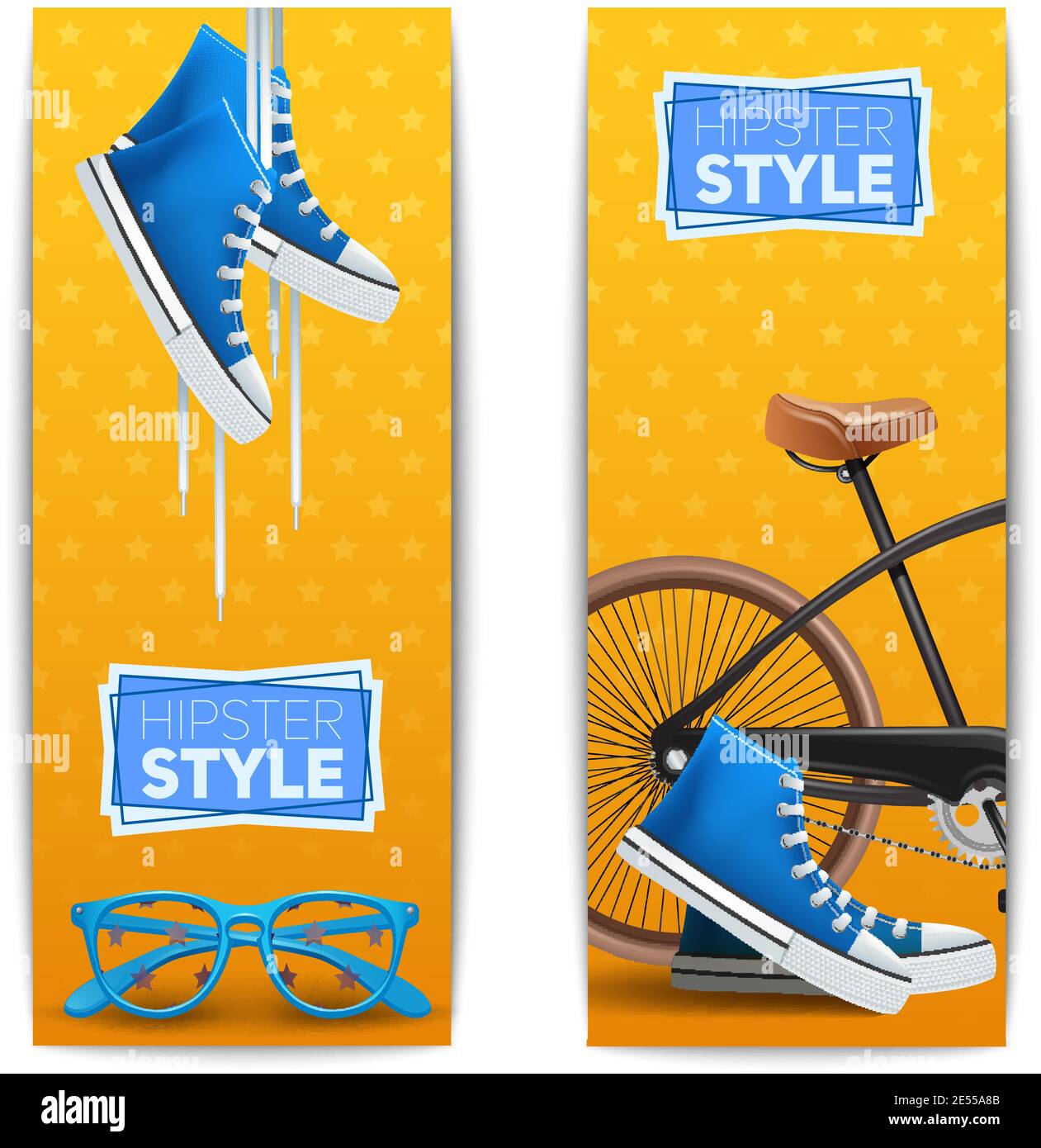 Hipster banner vertical set with gumshoes glasses and bicycle isolated vector illustration Stock Vector
