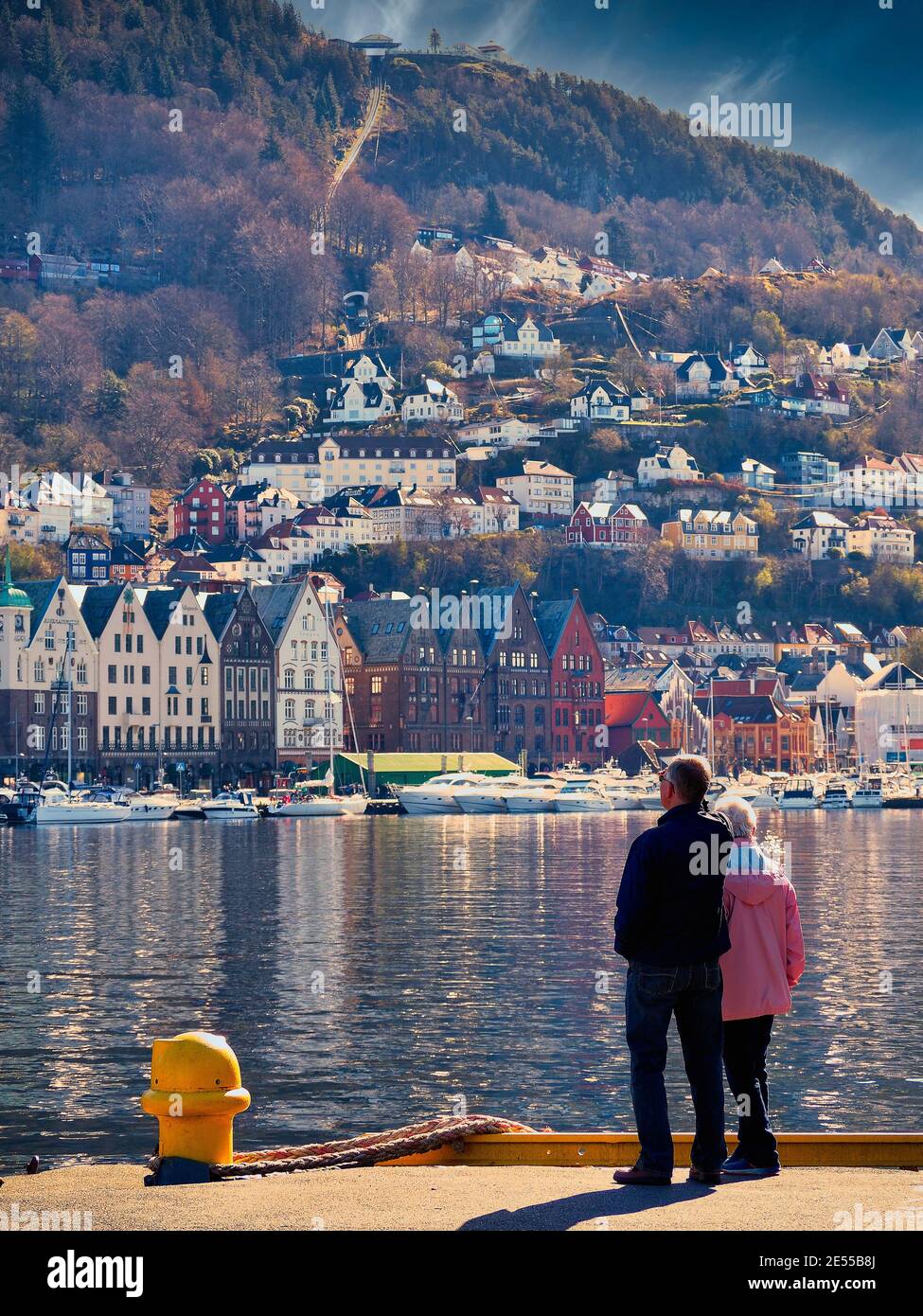 Older couple admiring the view of Bergen in Norway Stock Photo