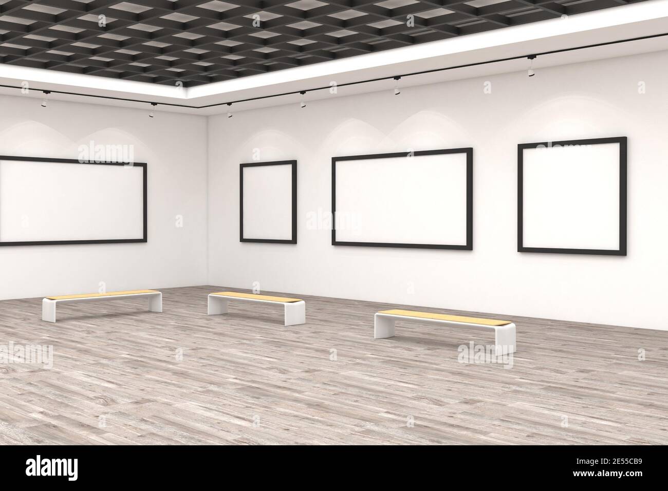 3d rendering illustration of a realistic Mockup of an art exhibition room with lights Stock