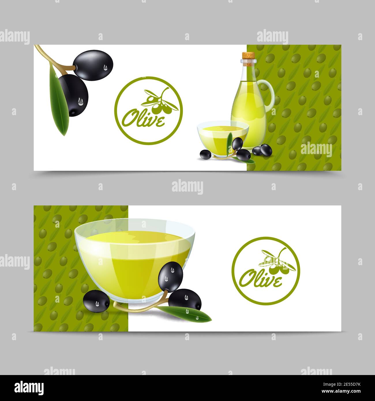 Olive oil horizontal banner set with tree branch and fruits isolated ...