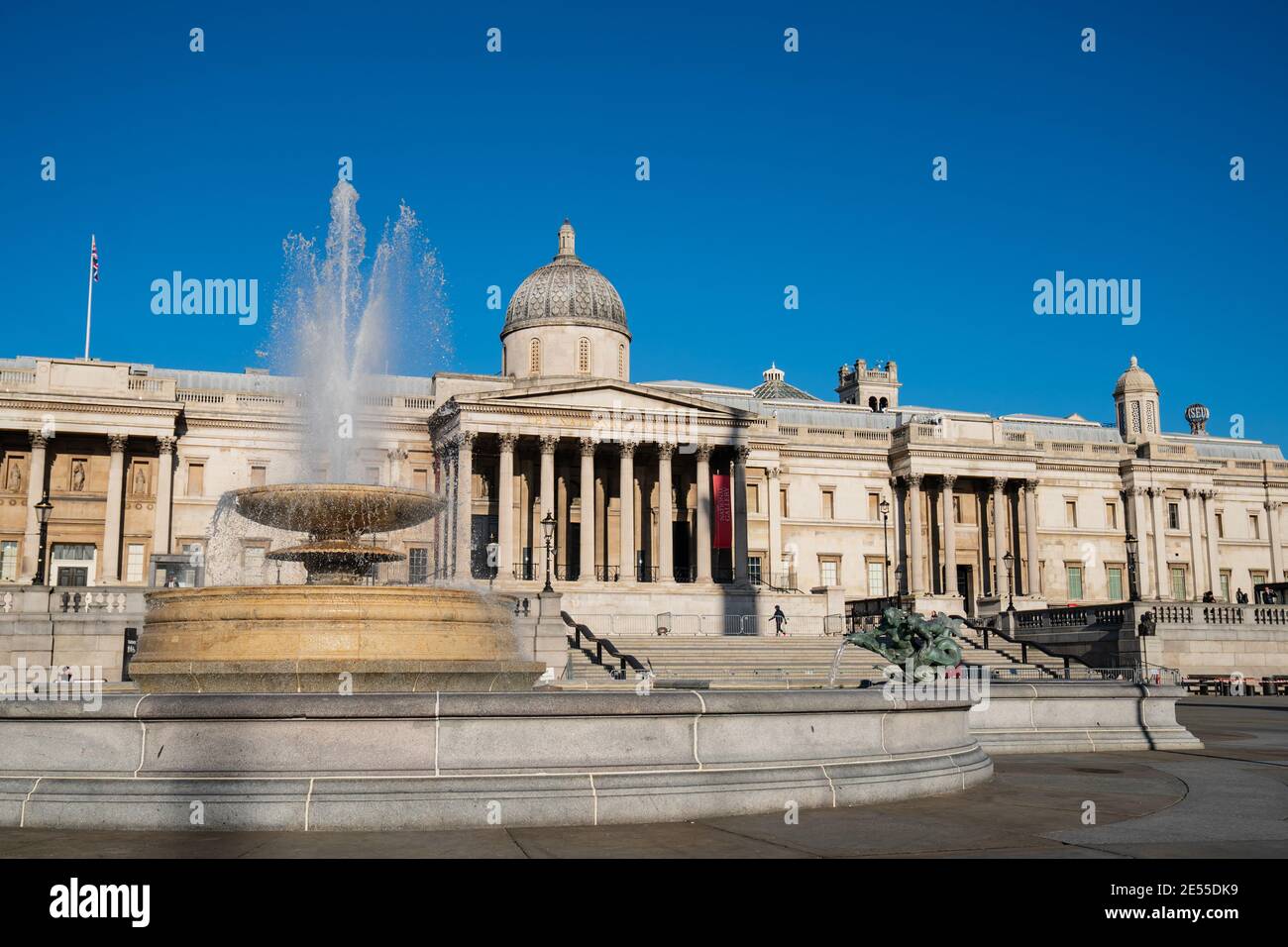 Fountain outside the National Gallery at Trafalgar Square, London, UK Stock Photo