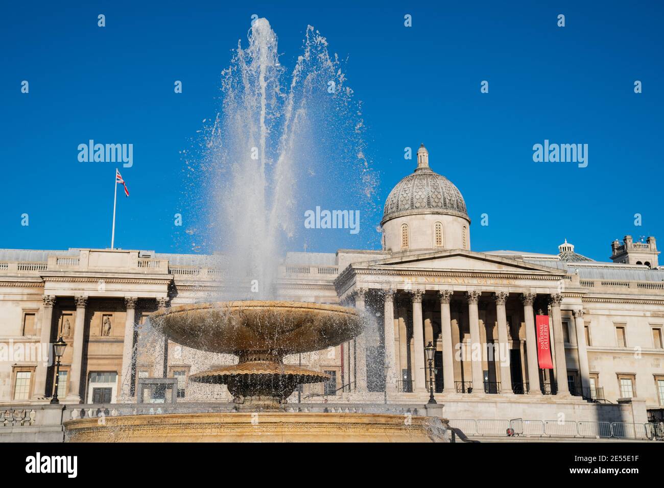Fountain outside the National Gallery at Trafalgar Square, London, UK Stock Photo