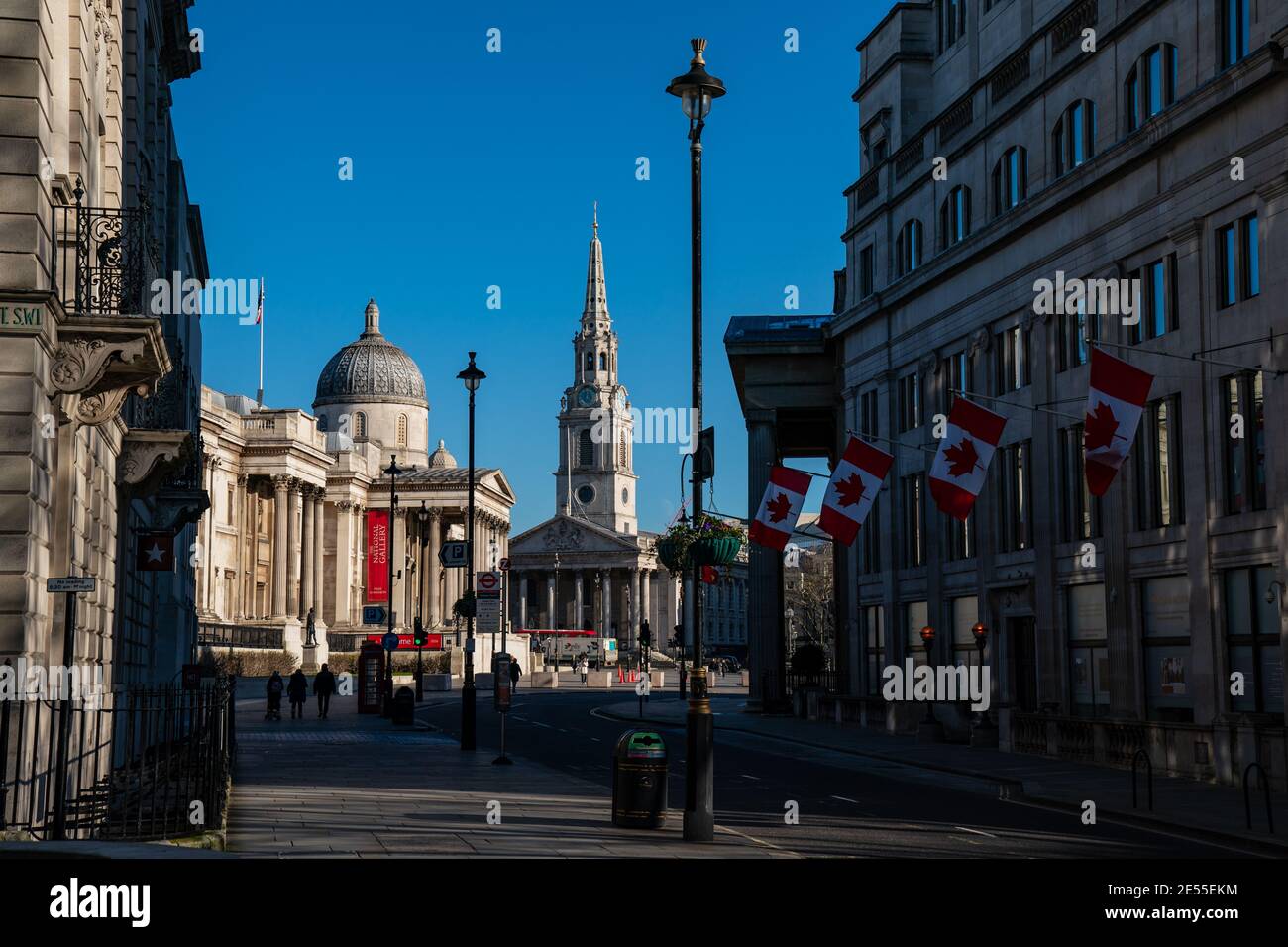 Canadian embassy flag and National Gallery at Trafalgar Square, London, UK Stock Photo