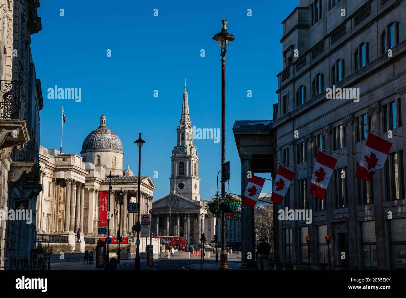 Canadian embassy flag and National Gallery at Trafalgar Square, London, UK Stock Photo