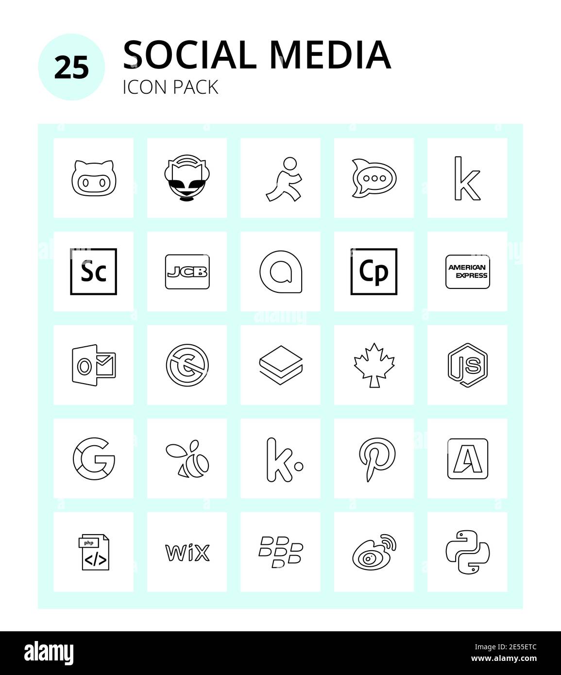 Set of 25 Social Logo commons, outlook, jcb, credit card, adobe Editable Vector Design Elements Stock Vector