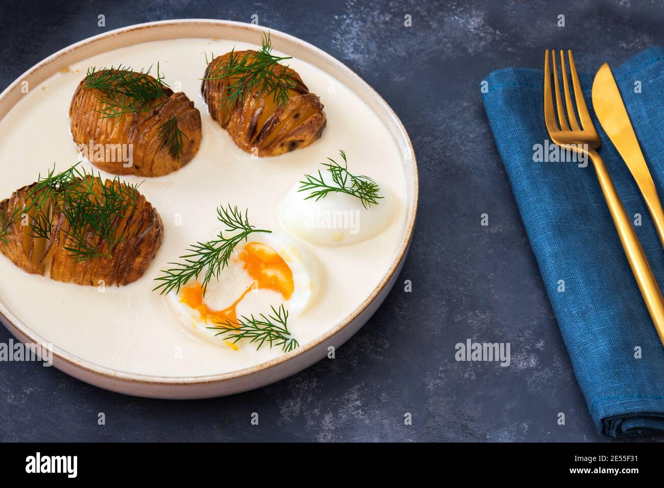 Thick creamy dill sauce with boiled eggs and baked potatoes, traditional Czech cuisine. Dark