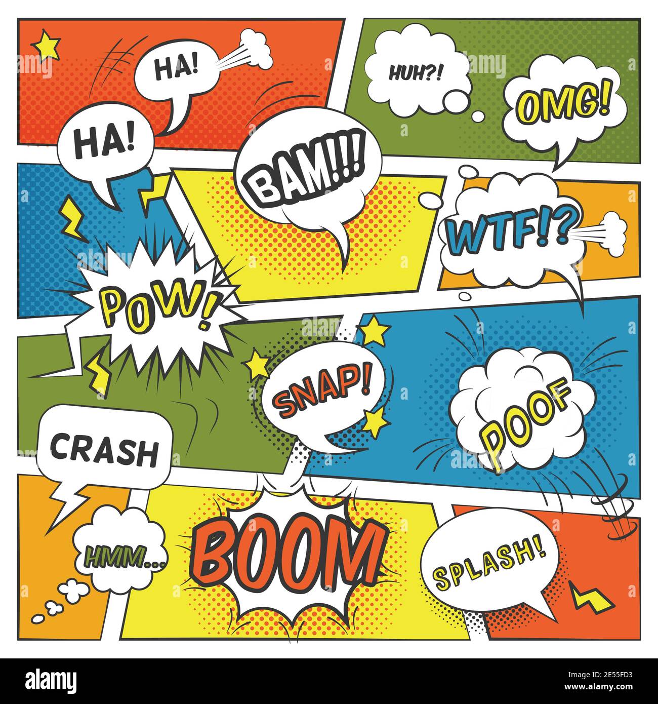 Vetor do Stock: Onomatopoeia comics sounds in clouds for emotions