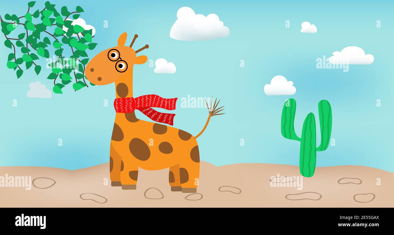Giraffe eating leaves cartoon style illustration Stock Vector
