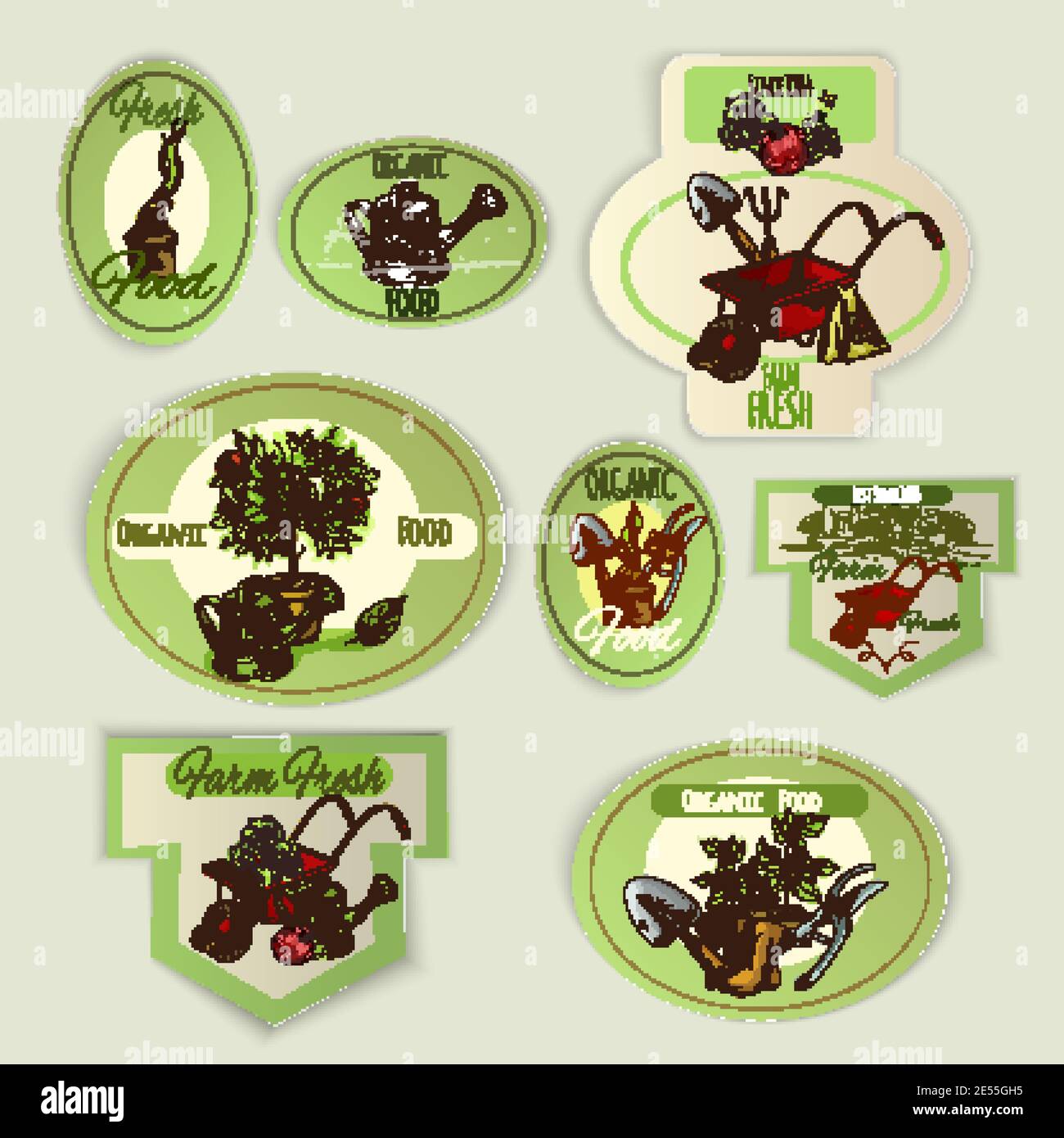 Vegetable gardening and organic food farm emblems set isolated vector ...
