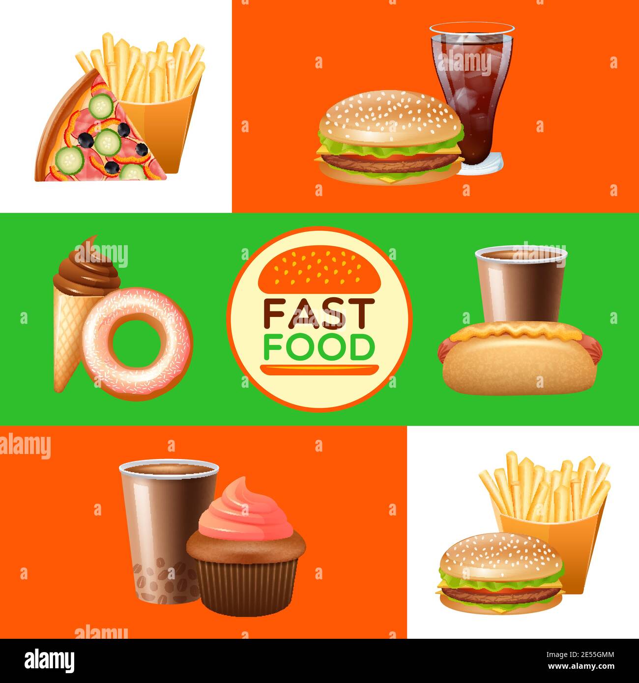 Fast food restaurant menu with pizza and hot djg flat horizontal