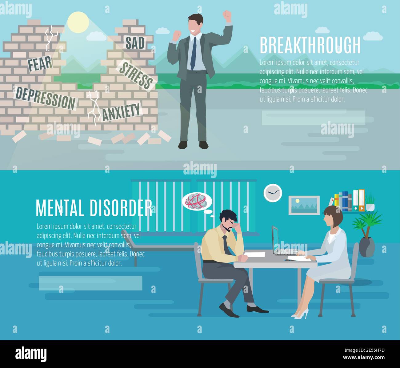 Mental health anxiety disorder breakthrough with psychiatrist counseling 2 flat horizontal banners set abstract isolated vector illustration Stock Vector