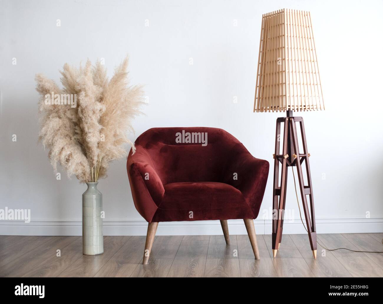 Stylish Scandinavian modern white cozy eco interior in minimalist style.Modern home decor. Open space Stock Photo