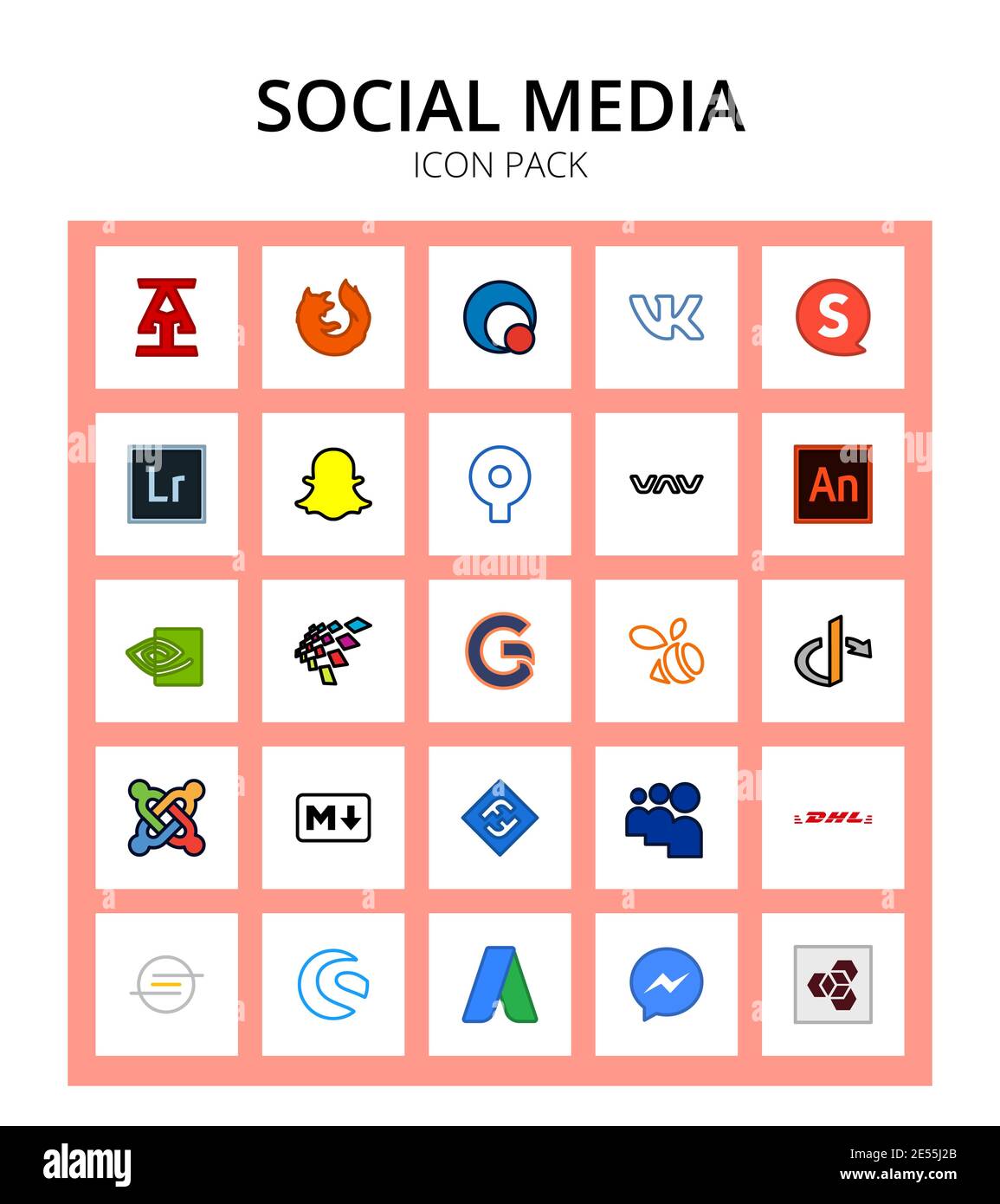Social Media 25 icons openid, gofore, snapchat, schlix, adobe Editable Vector Design Elements Stock Vector