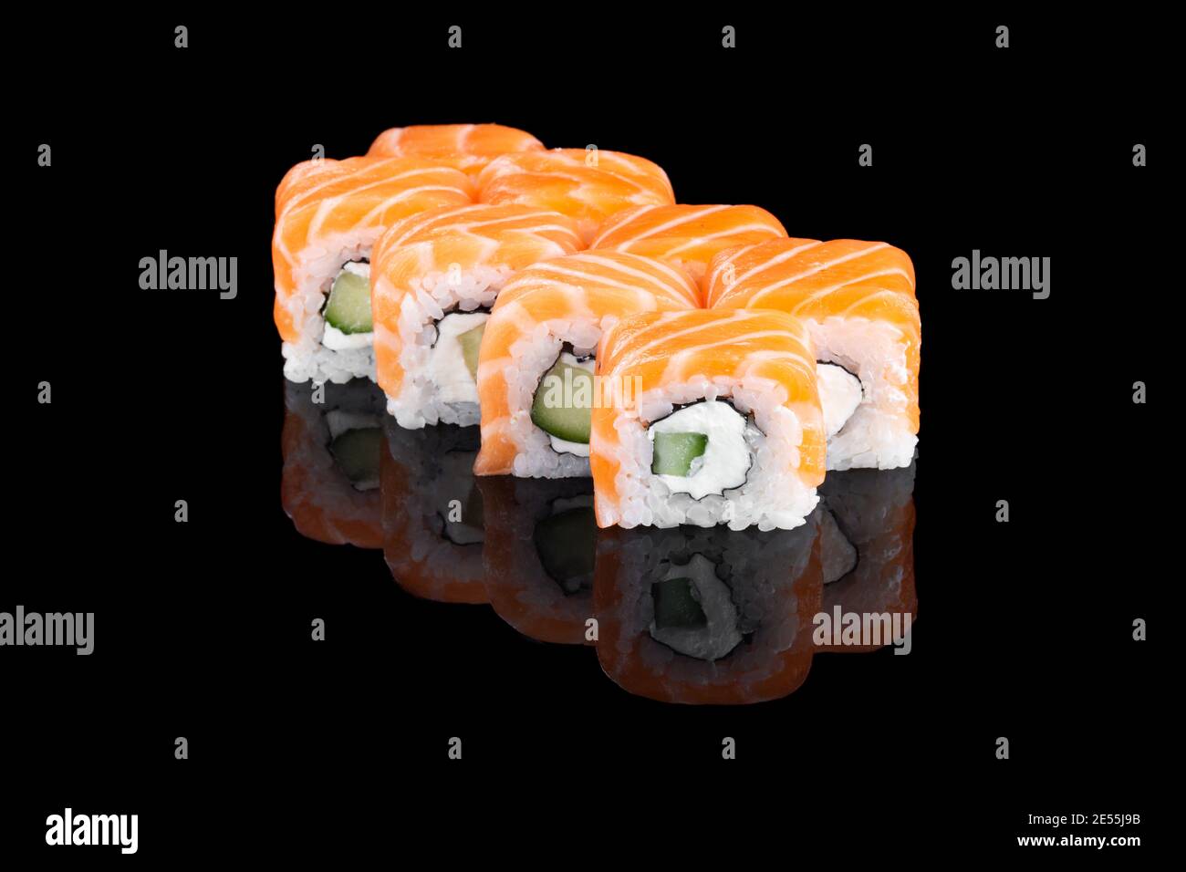 Classic Roll Philadelphia on a black background with reflection. Stock Photo