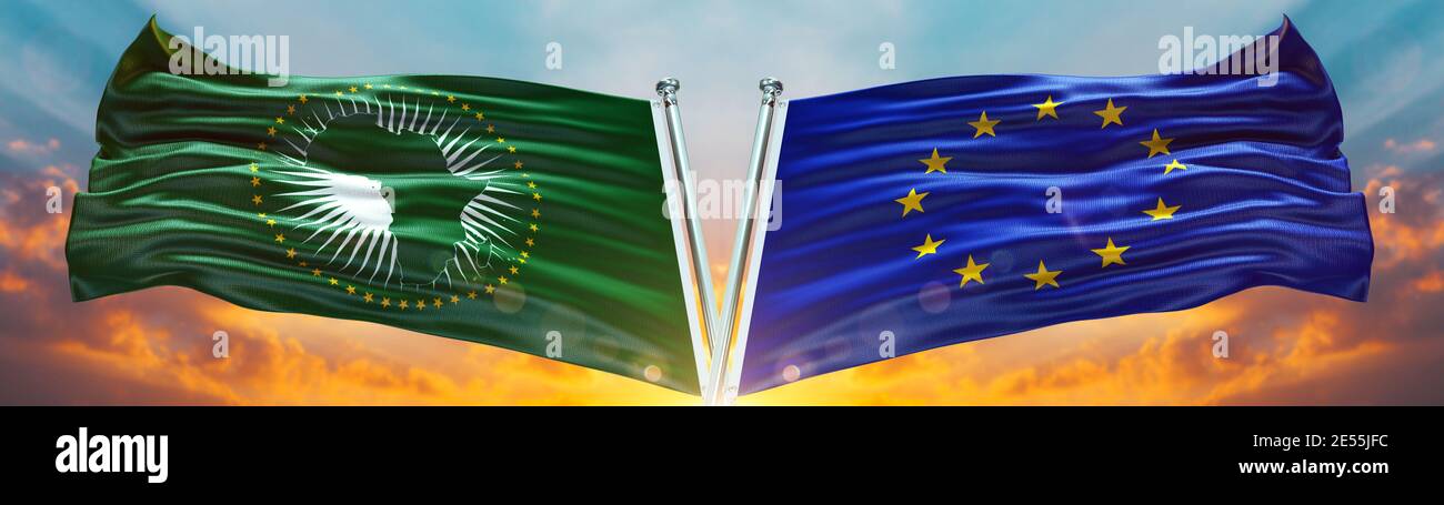 European Union Flag and African Union flag waving with texture sky Cloud and sunset Double flag Stock Photo
