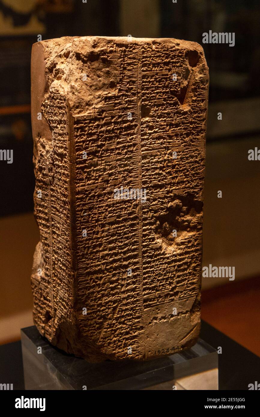 The Sumerian King List, a baked clay prism, Ashmolean Museum, the University of Oxford's museum of art and archaeology, Oxford UK. Stock Photo