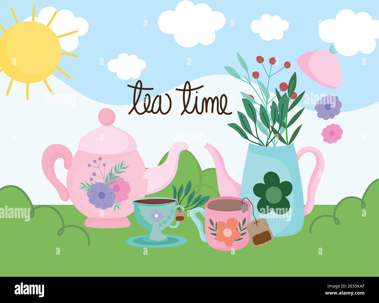 Tea time, kettles cups with herbs leaves nature landscape vector ...