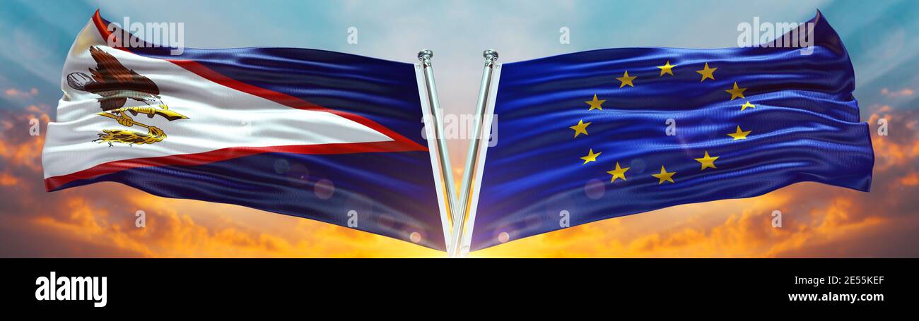 European Union Flag and American Samoa flag waving with texture sky Cloud and sunset Double flag Stock Photo