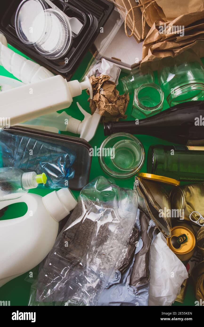Recycling garbage and reusable waste management top view Stock Photo ...
