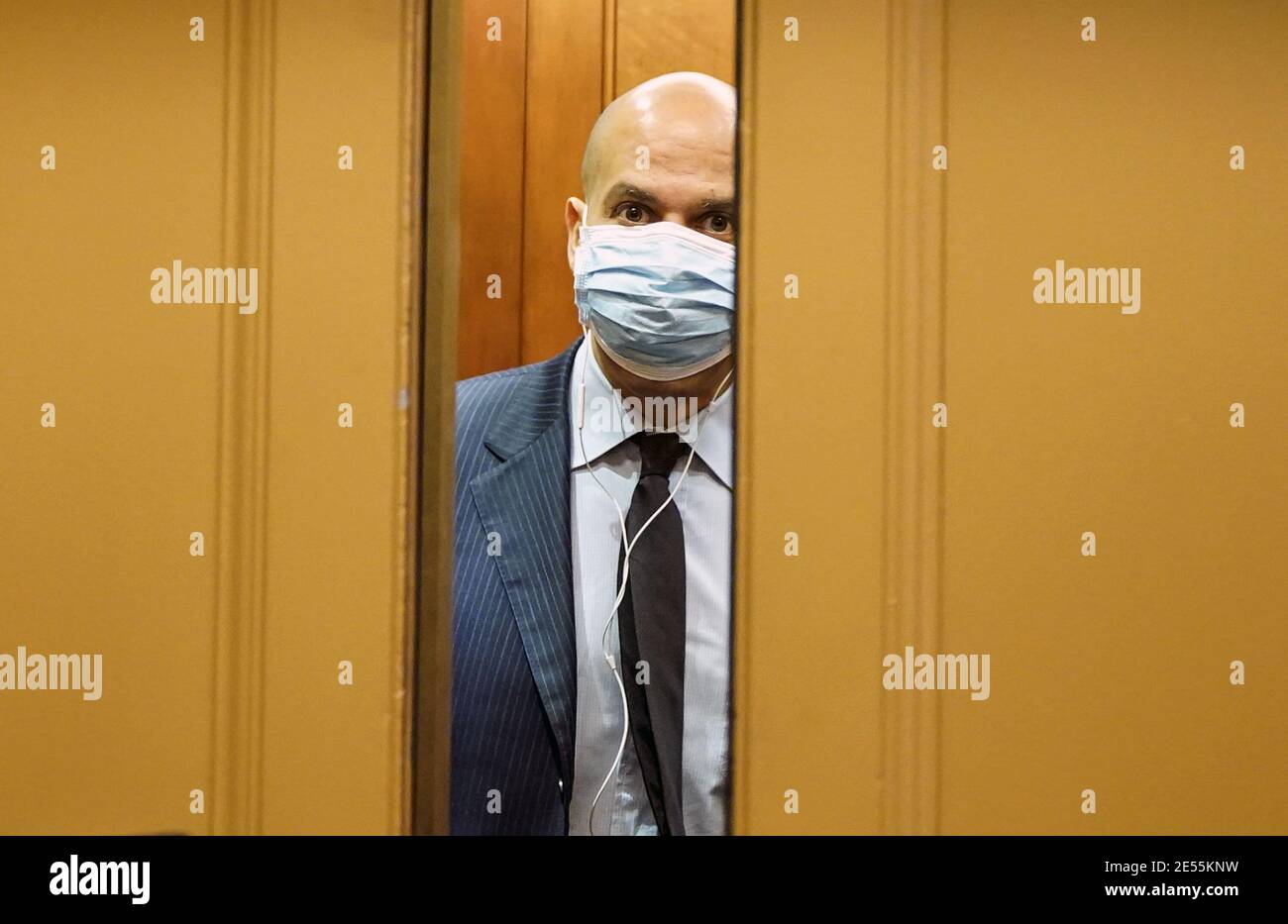 Washington, United States. 26th Jan, 2021. Senator Cory Booker (D-NJ) is seen in an elevator at the U.S. Capitol in Washington, DC on Wednesday, January 26, 2021. Senator Booker is in support of the impeachment of former President Donald Trump. Photo by Leigh Vogel/UPI Credit: UPI/Alamy Live News Stock Photo