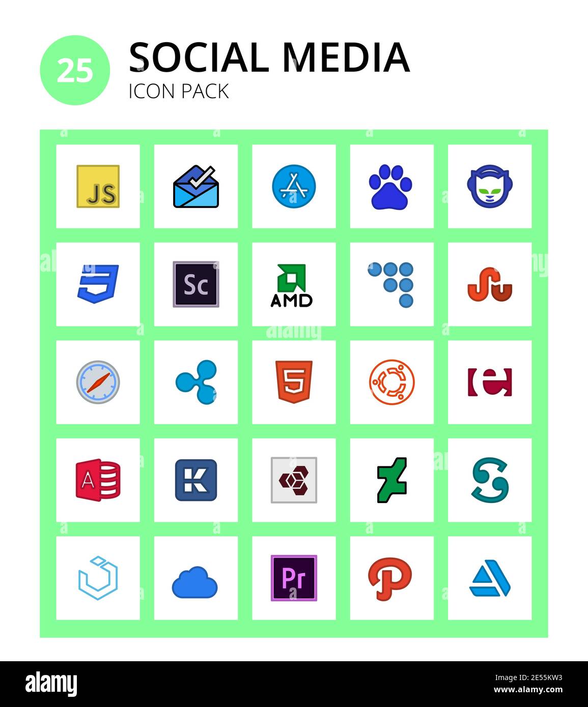 25 Social Signs and Symbols microsoft access, ubuntu, adobe, html, safari Editable Vector Design Elements Stock Vector