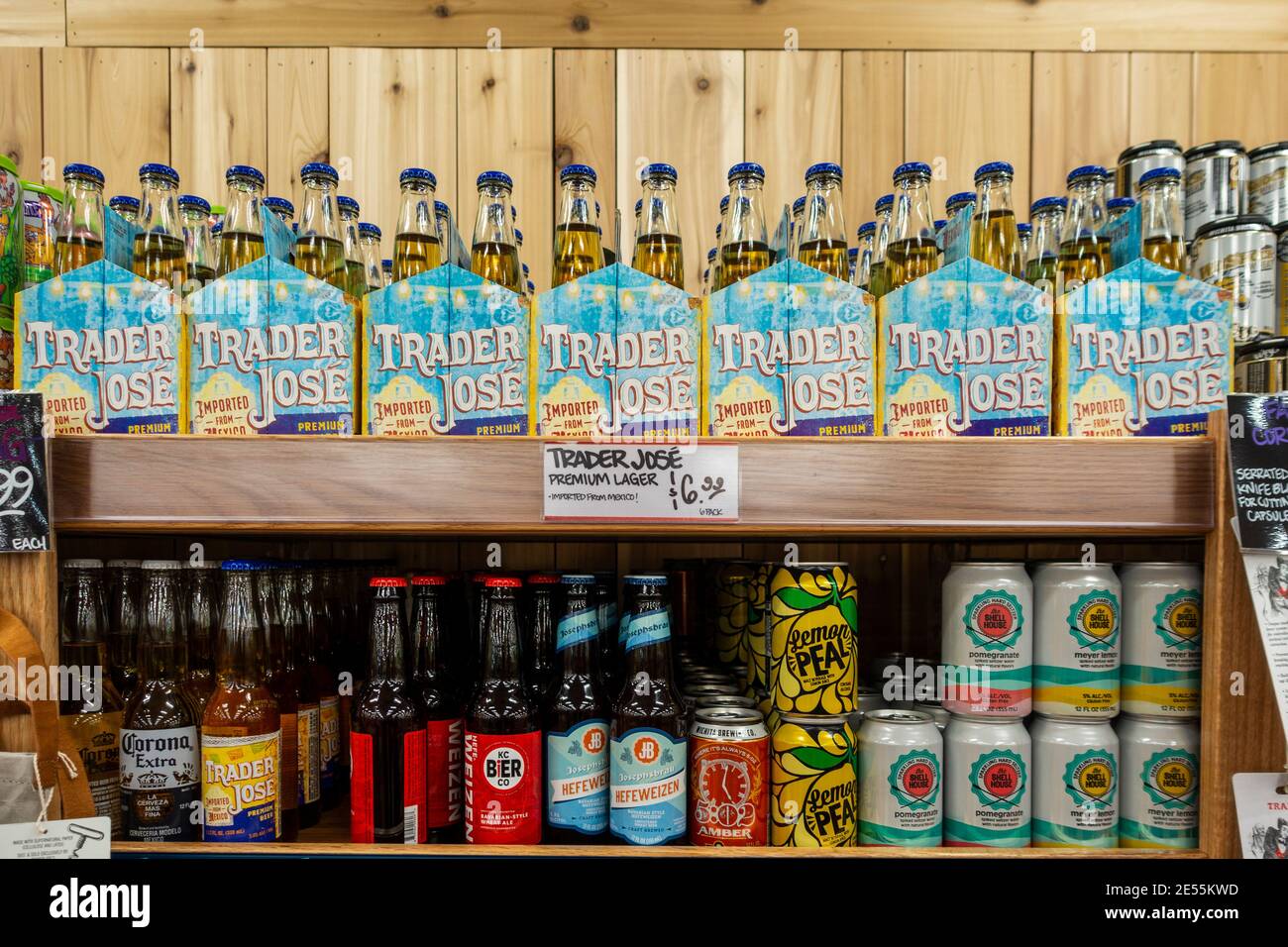 Shelving within Trader Joe’s market displaying locally brewed craft beers and ales. Wichita, Kansas, USA. Stock Photo