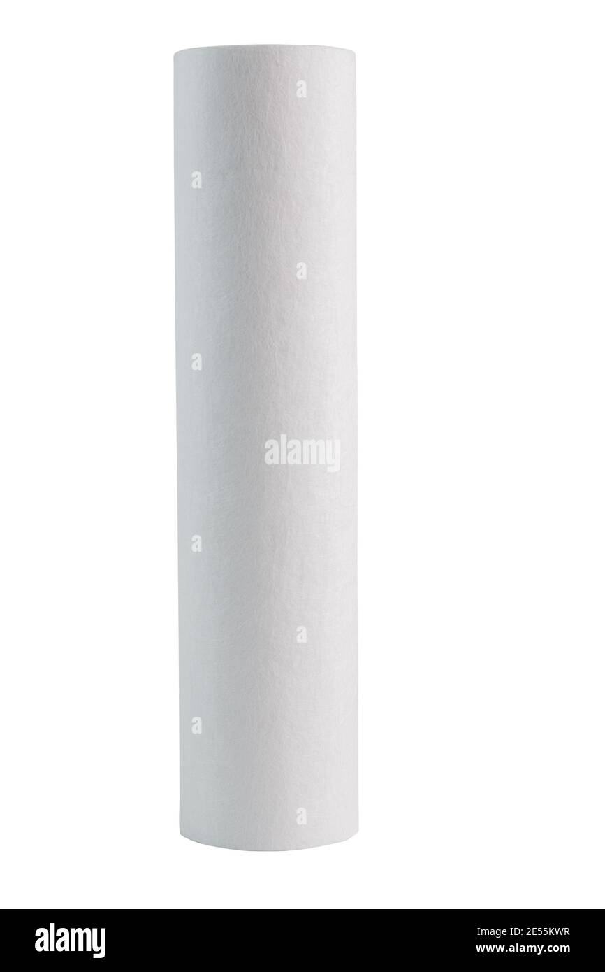New white mechanical polypropylene water filter PP 5 type size 10SL isolated on white background, Side view. Stock Photo