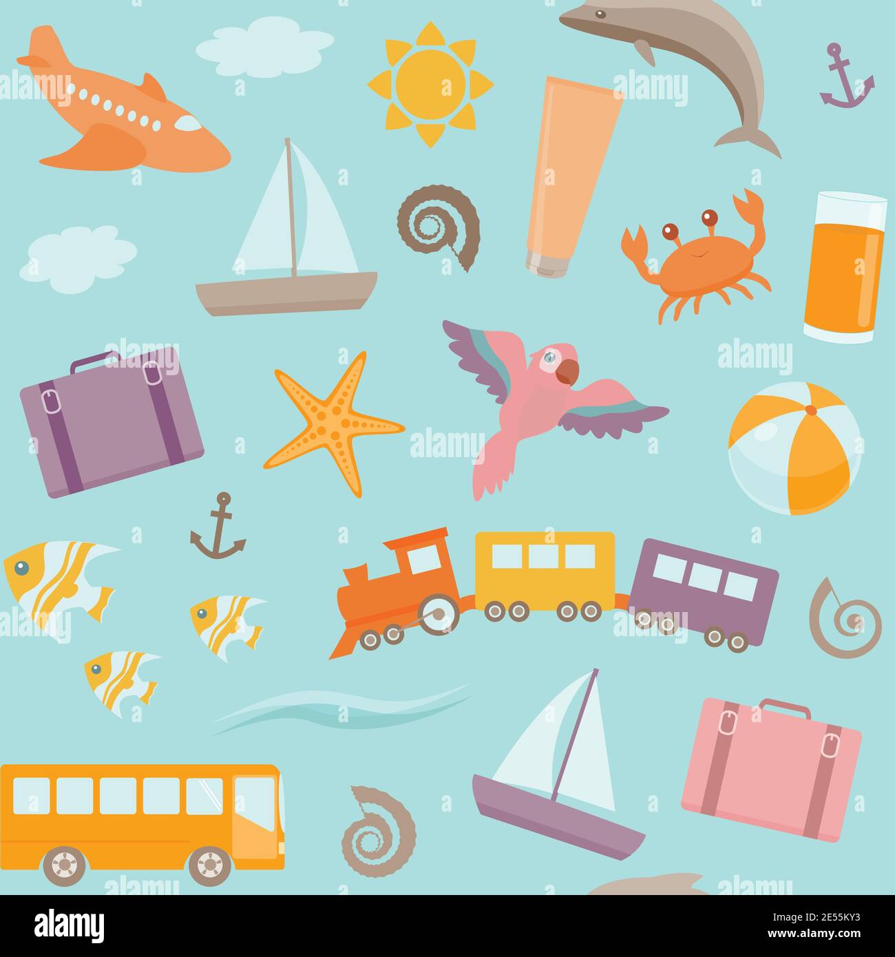 Bright seamless pattern with beach vacation symbols Stock Vector
