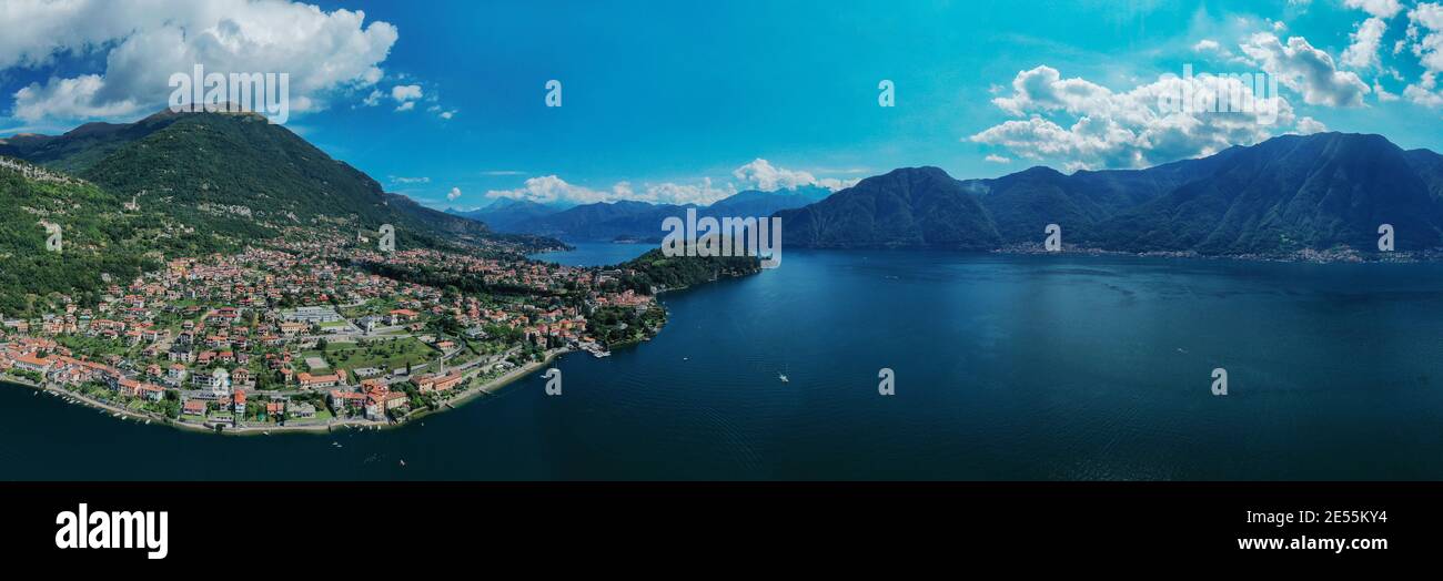 Aerial view the town of Ossuccio and the Como Lake during a summer morning, Lombardy, northern Italy. Stock Photo