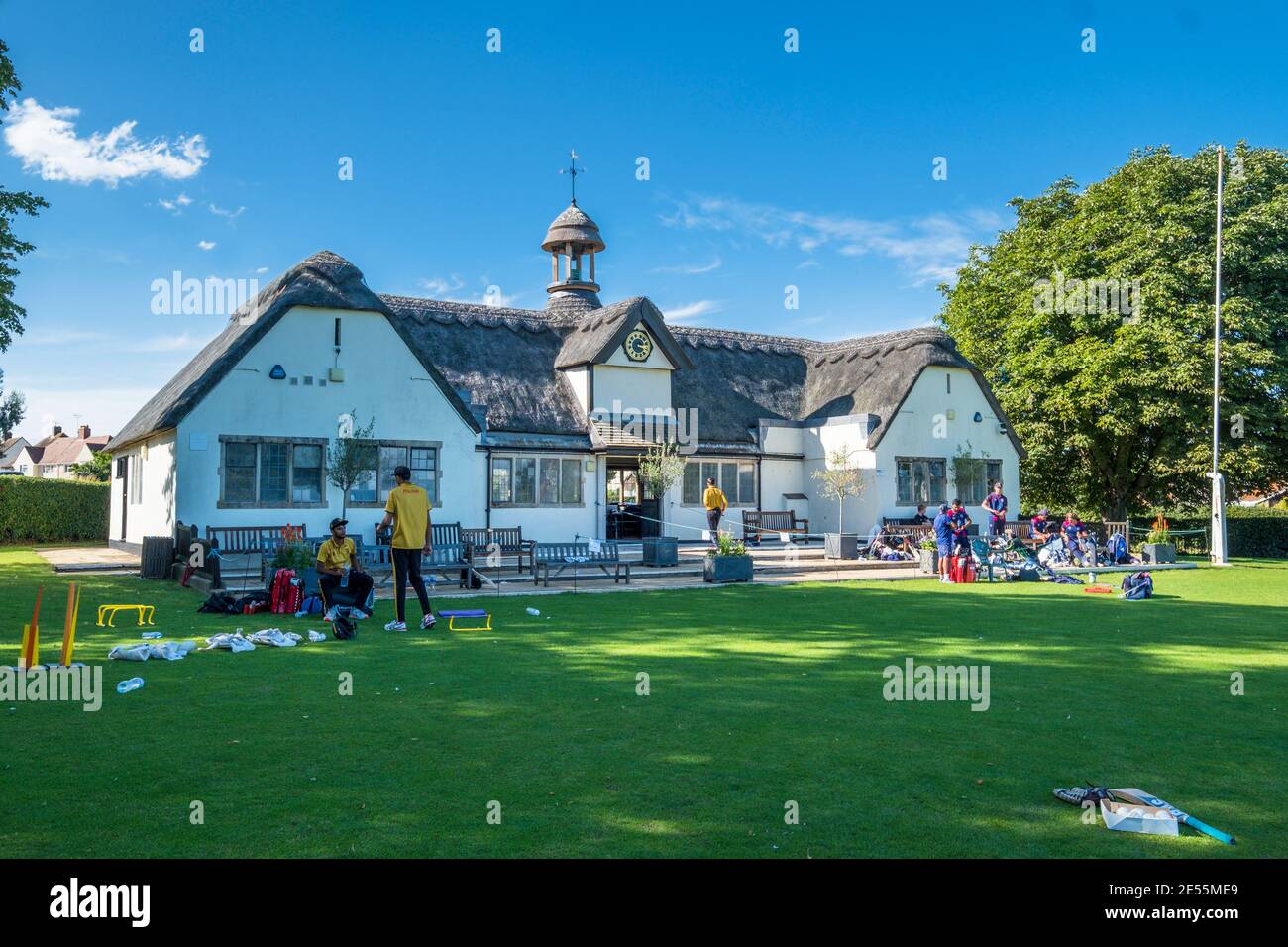 The pretty thatched cricket pavilion in Uppingham. Stock Photo