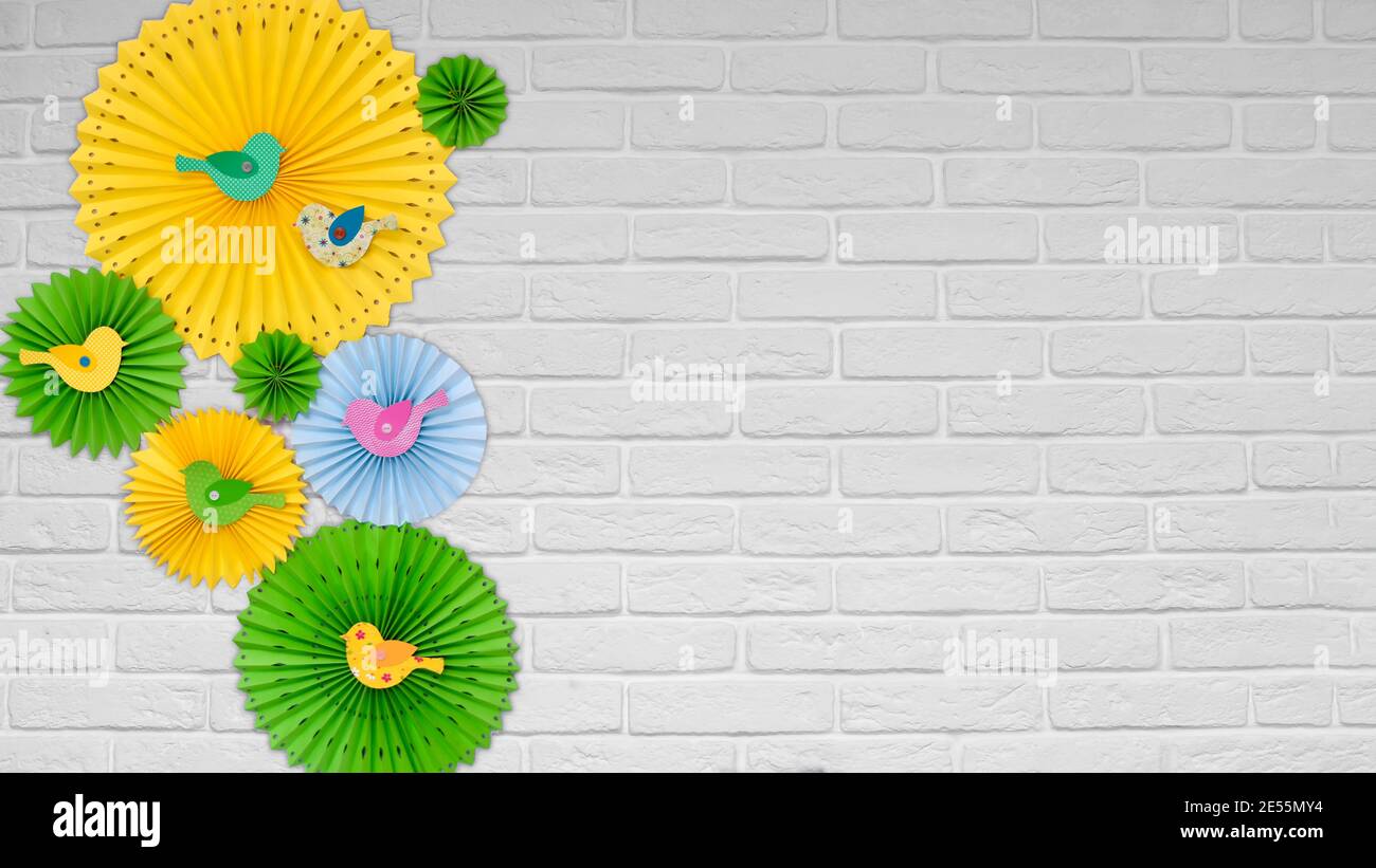 beautiful easter greeting card. easter composition made of bright colored paper on a light brick background. Stock Photo