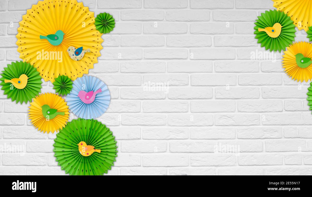 Easter composition from paper. Easter decor on a white brick background. space Stock Photo