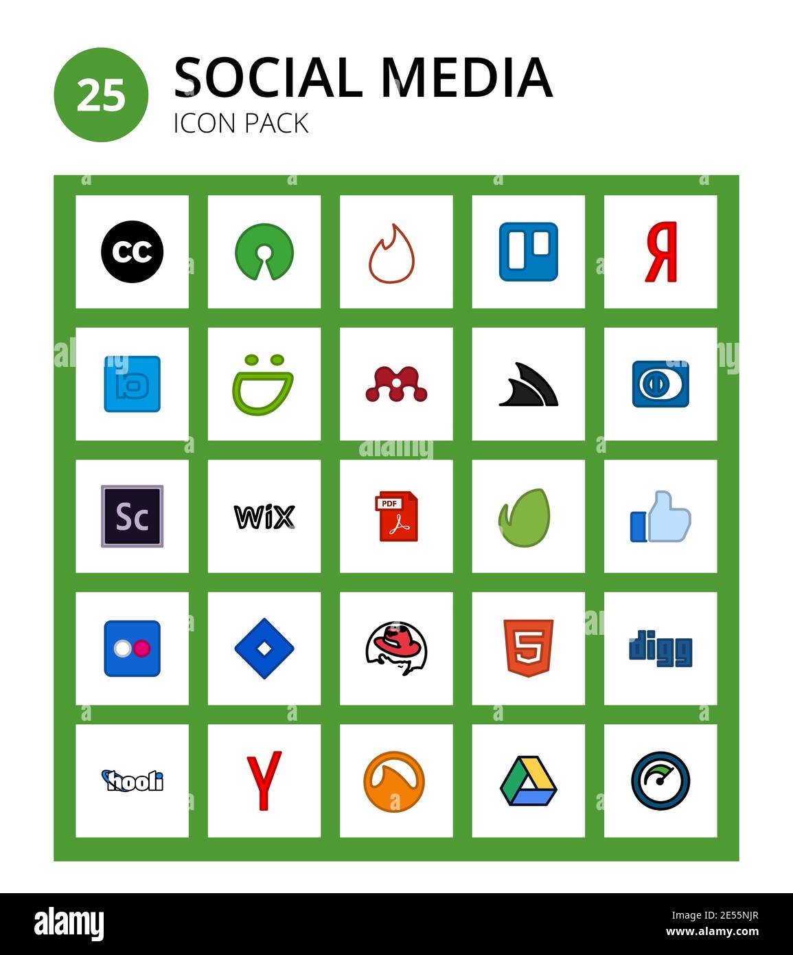 Set of 25 Social Logo file type, wix, mendeley, adobe, credit card Editable Vector Design Elements Stock Vector