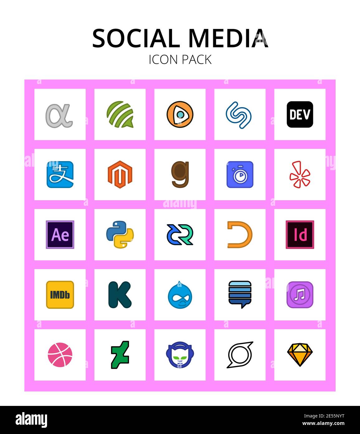 Set of 25 Social Logo adobe, dyalog, algolia, decred, adobe Editable Vector Design Elements Stock Vector
