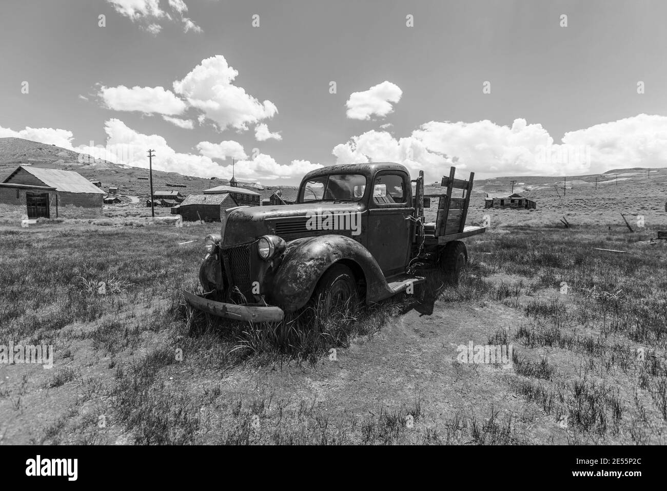 Bodie, California, USA - July 6, 2015:  Abandoned pickup truck in black and white at Bodie State Historic Park near Mammoth Lakes, California. Stock Photo
